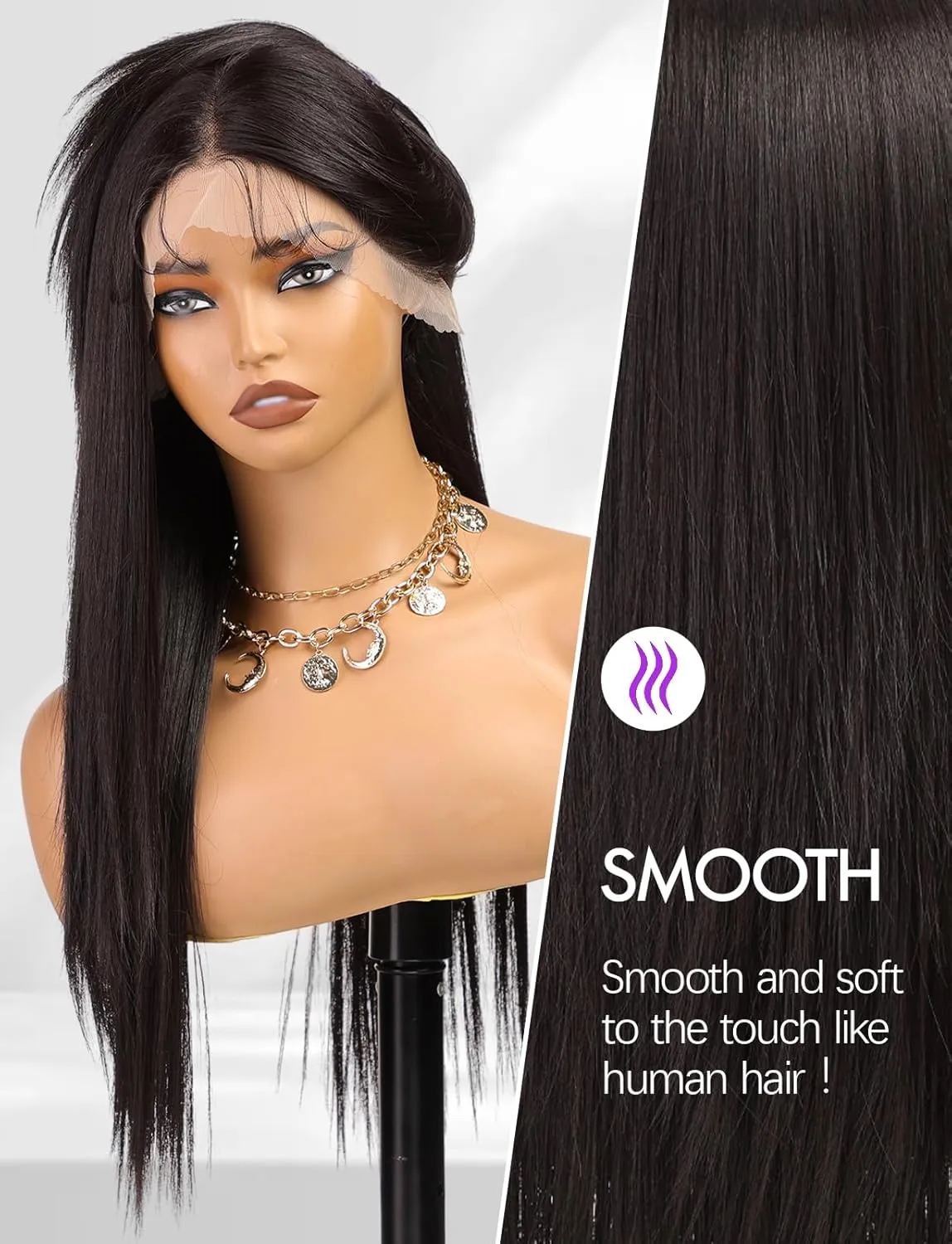 Lace Front Wig Synthetic Long Straight Gluless Black Wigs With Baby Hair For Women 26Inch