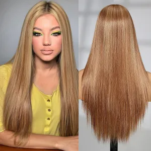 Lace Front Wig Synthetic Long Straight Gluless Light Brown Highlights Wigs With Baby Hair For Women 26Inch