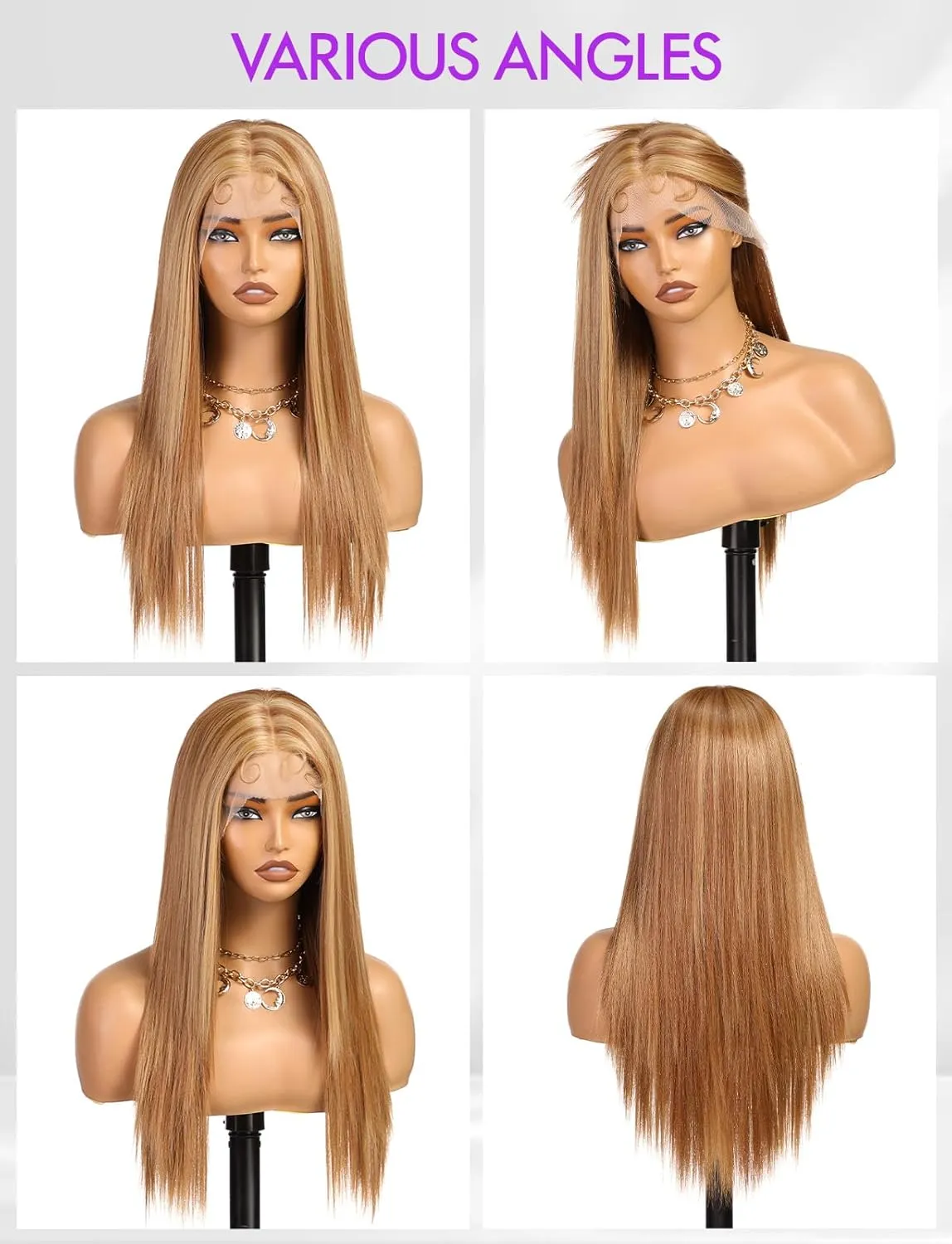 Lace Front Wig Synthetic Long Straight Gluless Light Brown Highlights Wigs With Baby Hair For Women 26Inch