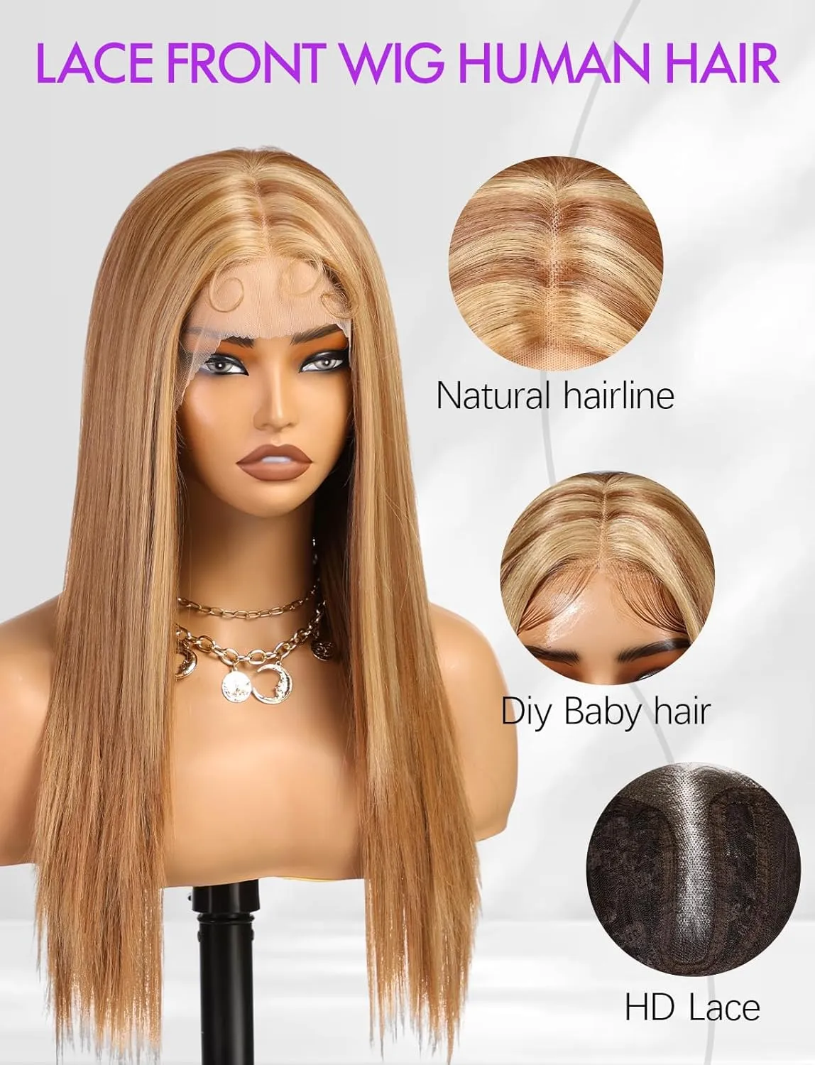 Lace Front Wig Synthetic Long Straight Gluless Light Brown Highlights Wigs With Baby Hair For Women 26Inch