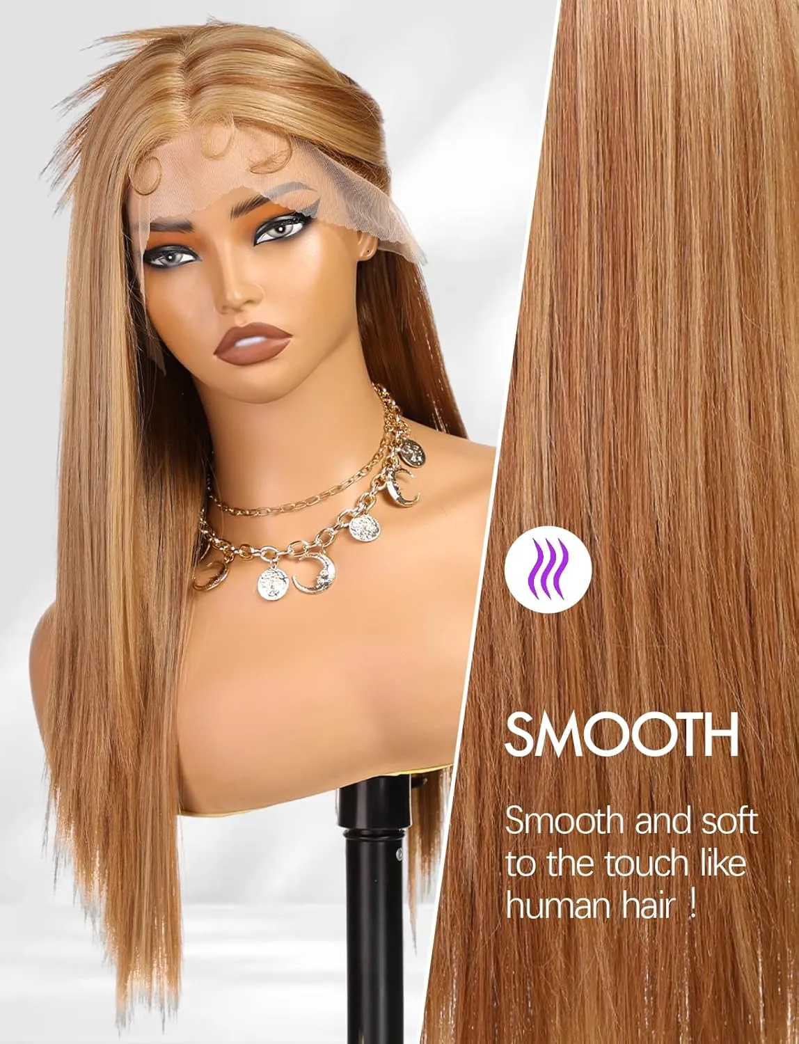 Lace Front Wig Synthetic Long Straight Gluless Light Brown Highlights Wigs With Baby Hair For Women 26Inch