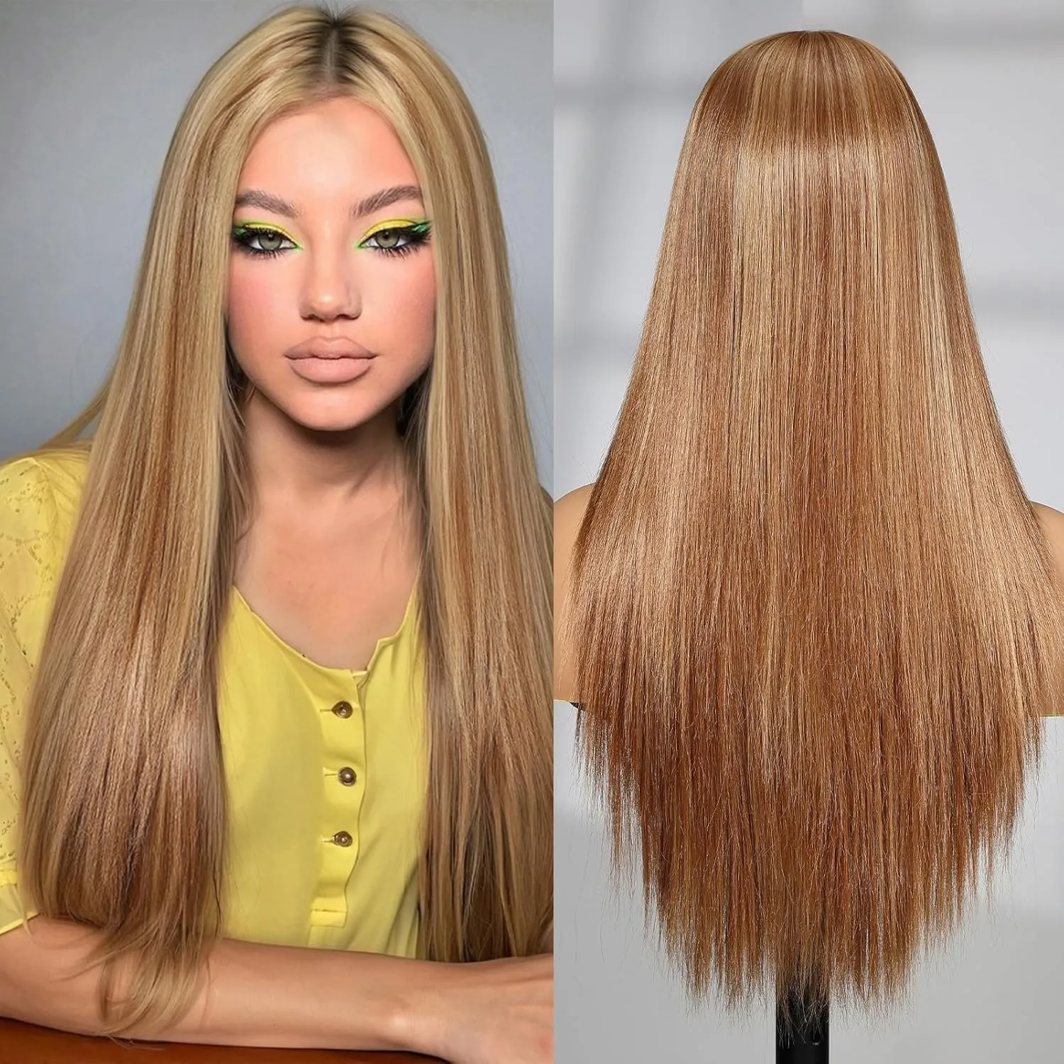 Lace Front Wig Synthetic Long Straight Gluless Light Brown Highlights Wigs With Baby Hair For Women 26Inch