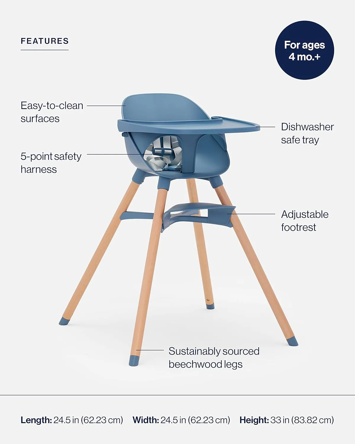 Lalo The Chair Convertible 3-in-1 High Chair for Babies & Toddlers, Dishwasher Safe Tray, Adjustable Footrest, Blueberry