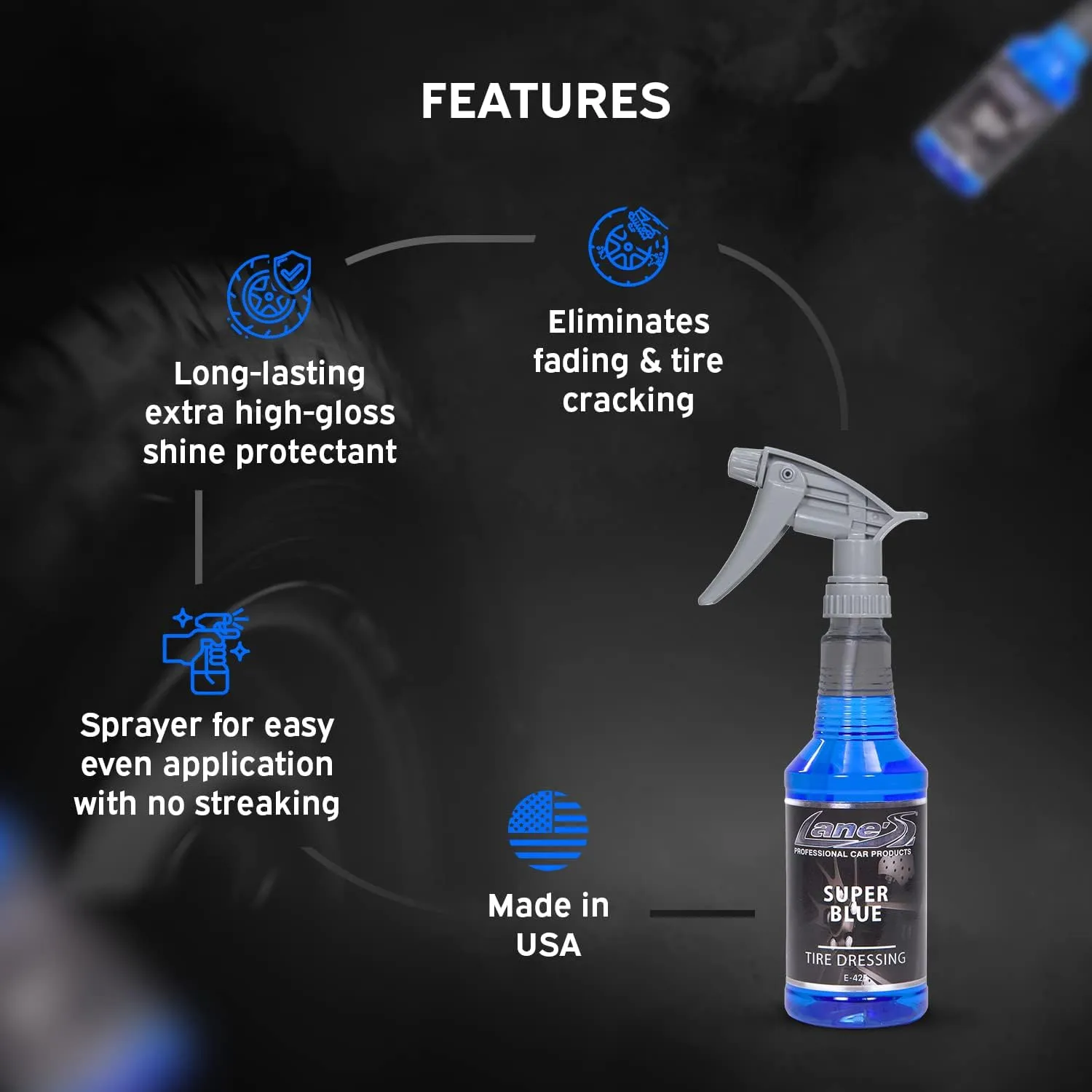 LANE'S Super Blue Tire Dressing Spray | Car Tire Shine Spray | Professional & Long Lasting Tire Cleaner | Best Tire Shine for Glossy Shine | Protection from Cracks & UV Rays | Non-Greasy | 32oz