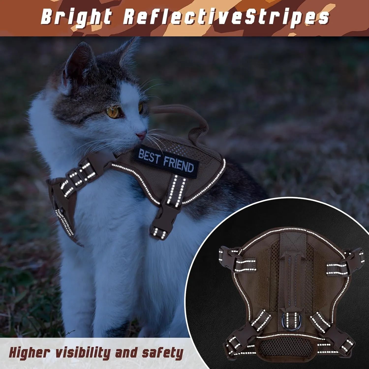 Large Tactical Cat Harness Leash, Air Mesh Adult Cat Walking Vest Harness Escape Proof with Handle, Reflective (AKhaki, XL)