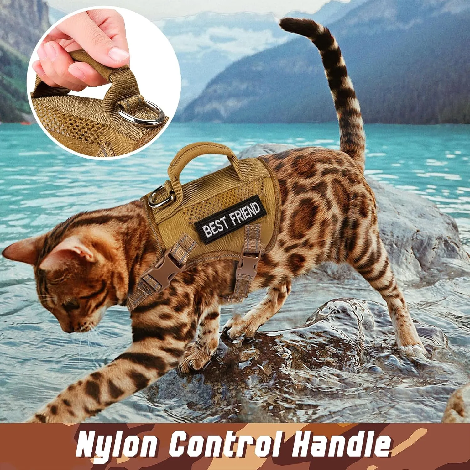 Large Tactical Cat Harness Leash, Air Mesh Adult Cat Walking Vest Harness Escape Proof with Handle, Reflective (AKhaki, XL)