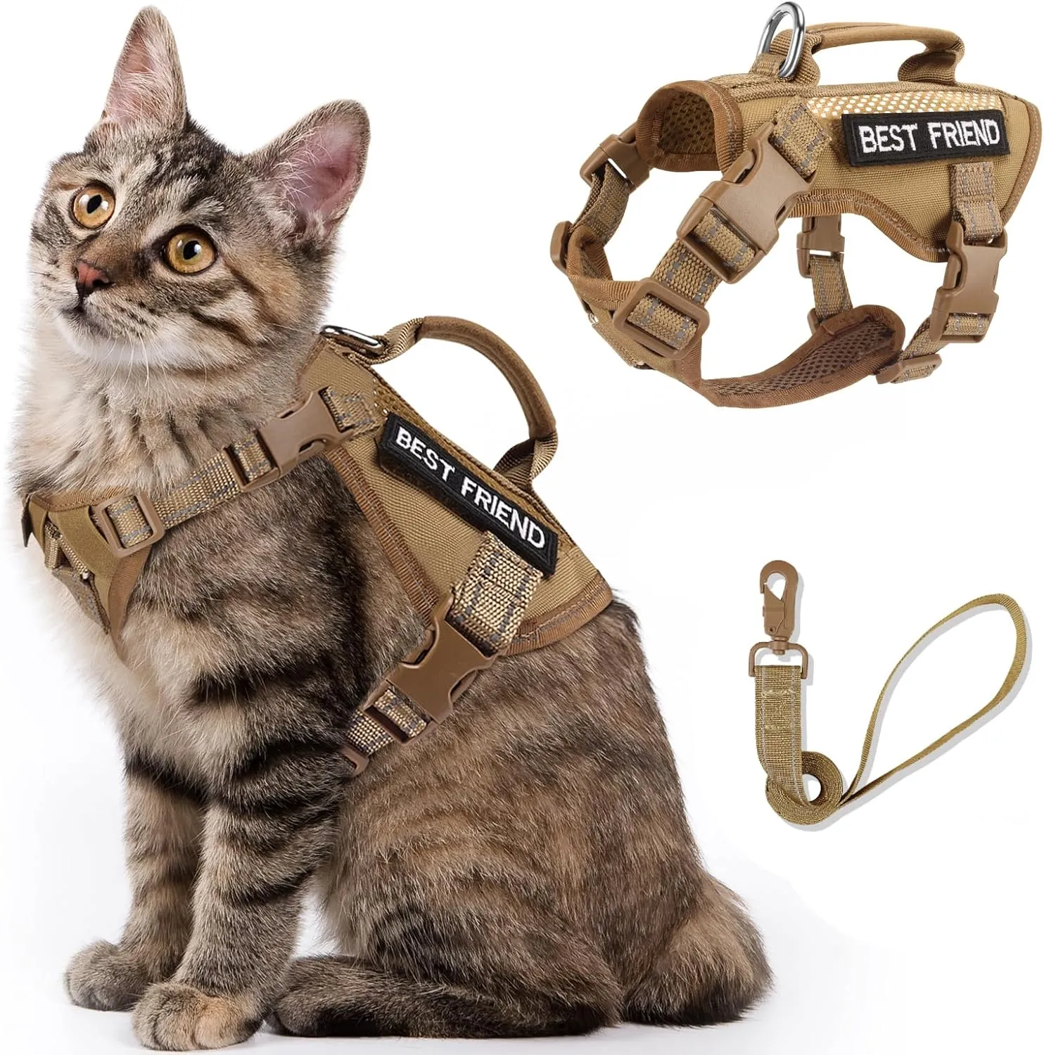 Large Tactical Cat Harness Leash, Air Mesh Adult Cat Walking Vest Harness Escape Proof with Handle, Reflective (AKhaki, XL)