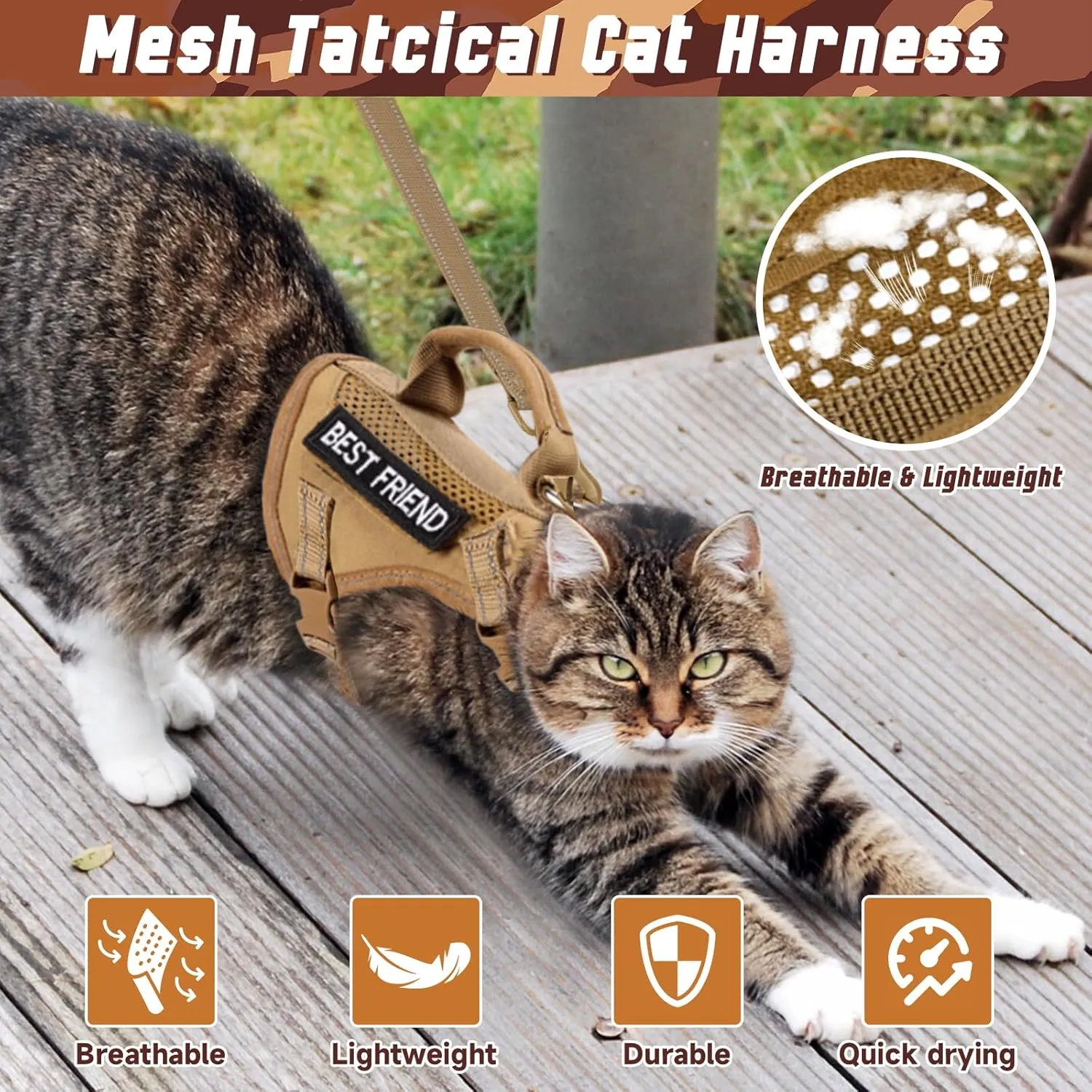 Large Tactical Cat Harness Leash, Air Mesh Adult Cat Walking Vest Harness Escape Proof with Handle, Reflective (AKhaki, XL)