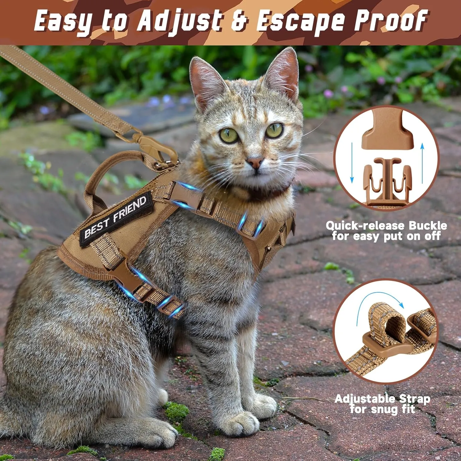 Large Tactical Cat Harness Leash, Air Mesh Adult Cat Walking Vest Harness Escape Proof with Handle, Reflective (AKhaki, XL)