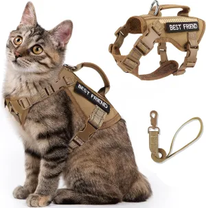 Large Tactical Cat Harness Leash, Air Mesh Adult Cat Walking Vest Harness Escape Proof with Handle, Reflective (AKhaki, XL)