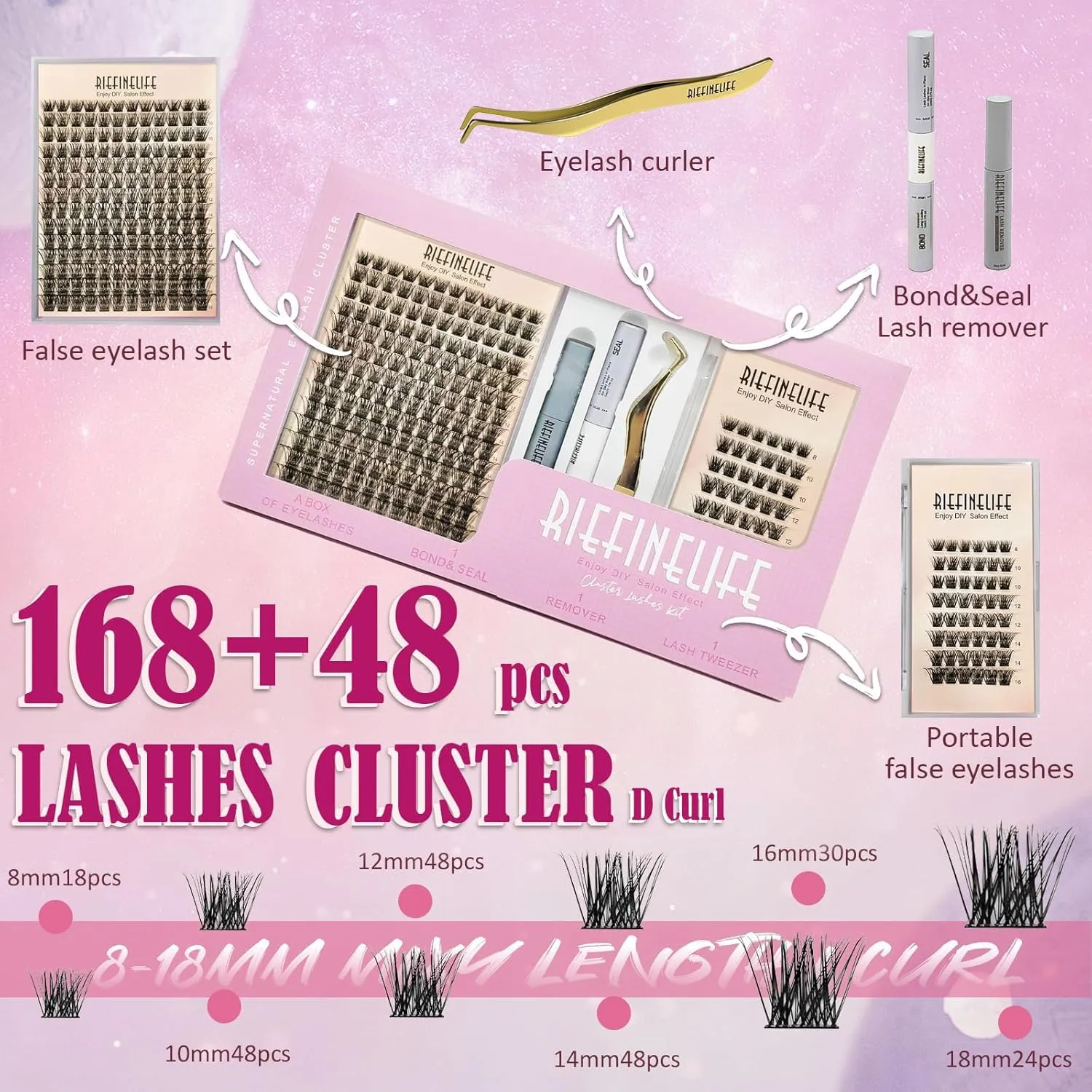 Lash Clusters Kit - 8-18mm Korean DIY Eyelash Extensions, Waterproof & Hypoallergenic | Salon-Worthy 150-Hour Wear | Includes Glue, Remover, Tweezers (Beginner Friendly)(Black-Volume)