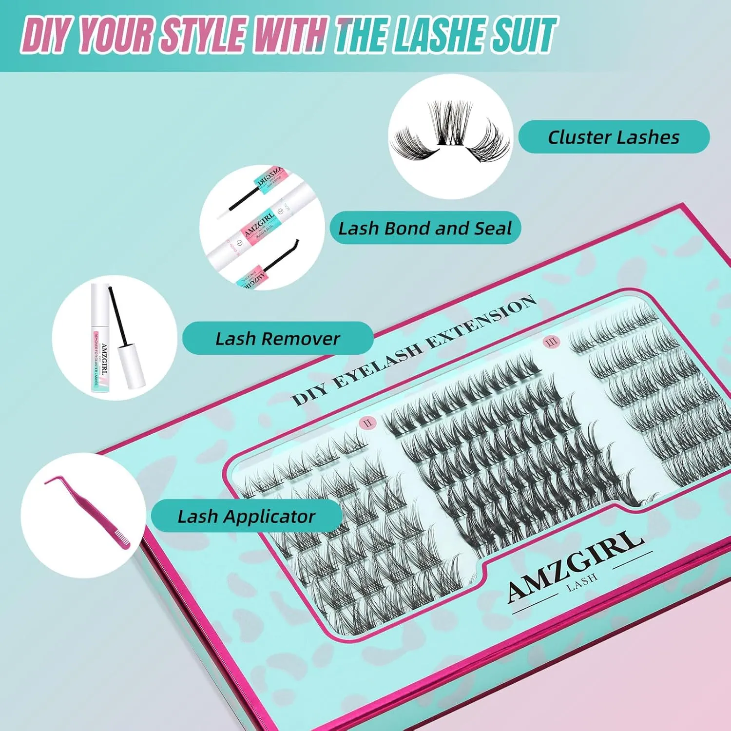 Lash Extension Kit Eyelash Clusters Individual Lashes Extensions Kits With Cluster Lashes Wispy, Lash Bond & Seal, Lash Remover,Applicator, Lash Extensions Kit(SHM,C-Mix(8-16mm) kit)