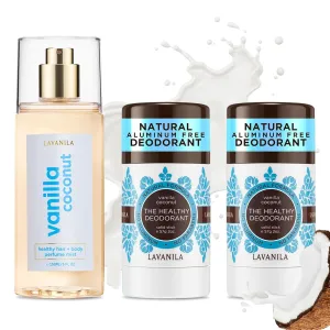 Lavanila Vanilla Coconut Deodorant (2-pack)   Hair & Body Perfume Mist - Madagascar Vanilla, Creamy Coconut, Tahitian Tiare Flower