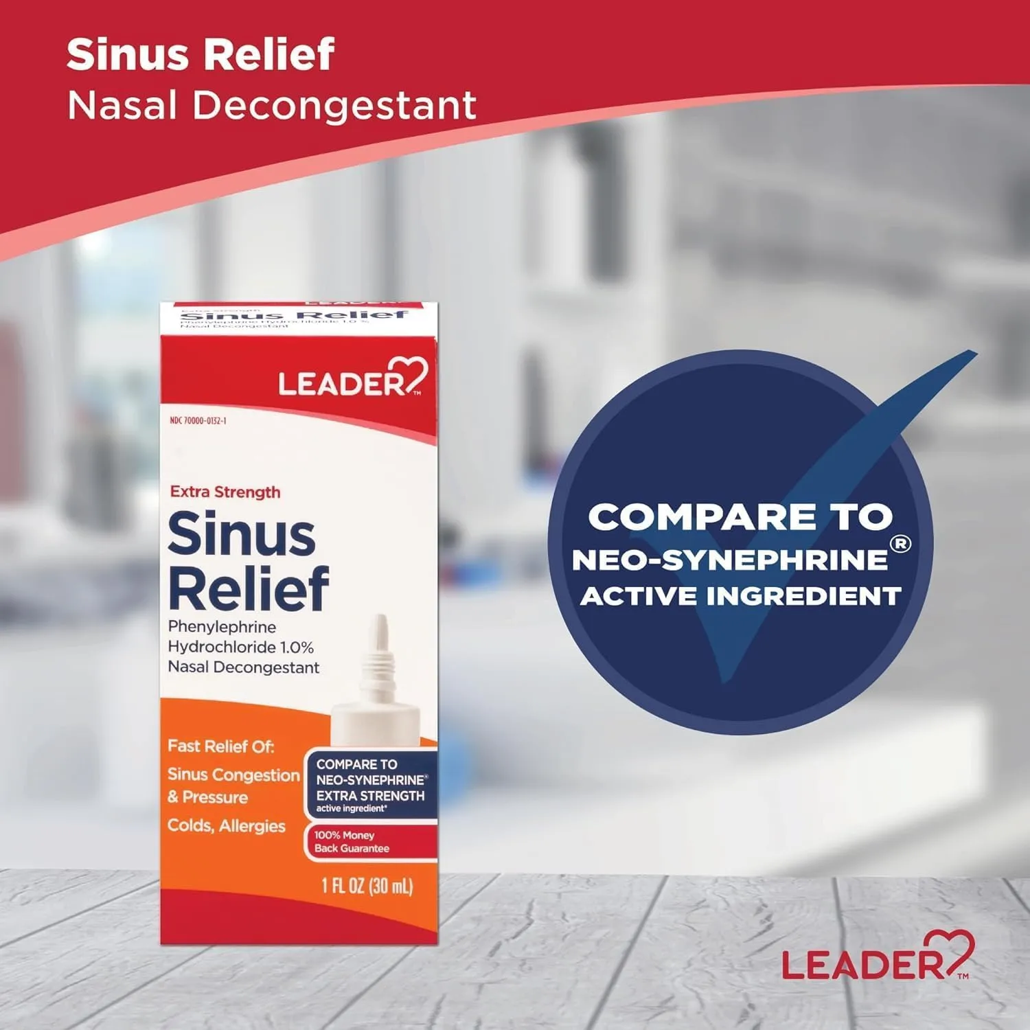 Leader Extra Strength Sinus Relief, Fast Acting, Sinus Decongestant, Nasal Congestion Relief Spray, Cold & Allergy 30 mL Bottle (Pack of 4)