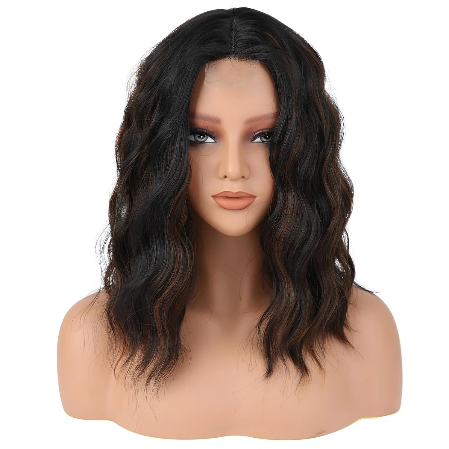 LEEONS Balayage Dark Brown to Brown Highlights Wig 16 Inch Wavy Wig Middle Part Curly Wigs Lace Hairline Wigs for Women with Adjustable Bands Synthetic Hair Wigs for Daily Party/Halloween Use 16IN