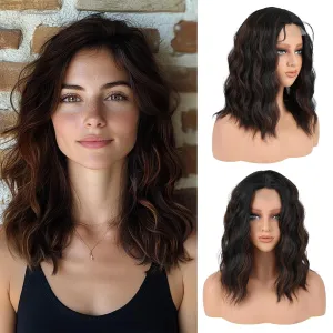 LEEONS Balayage Dark Brown to Brown Highlights Wig 16 Inch Wavy Wig Middle Part Curly Wigs Lace Hairline Wigs for Women with Adjustable Bands Synthetic Hair Wigs for Daily Party/Halloween Use 16IN