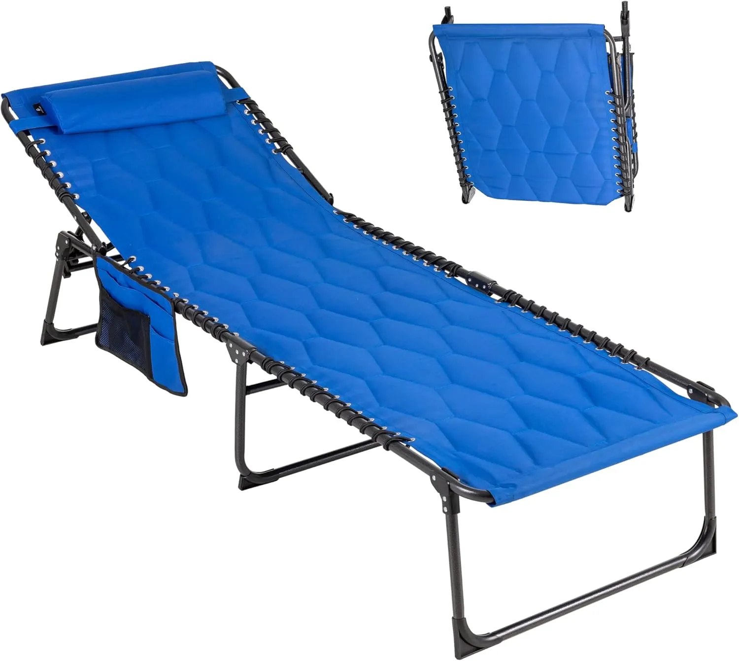 LET'S CAMP Portable Folding Reclining Lounger Camping Cot Adjustable 5-Position with Pillow Pocket Lightweight for Sleeping, Reclining, Outdoor, Travel, Adult, Garden (Blue)