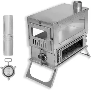 Lightweight camping stove, Tent Stove Backpacking with Chimney Pipes, Folding Wood Burning Stove with Large Side Glass, for Outdoor (Color : Three Sides Glass, Size : 3M chimney p