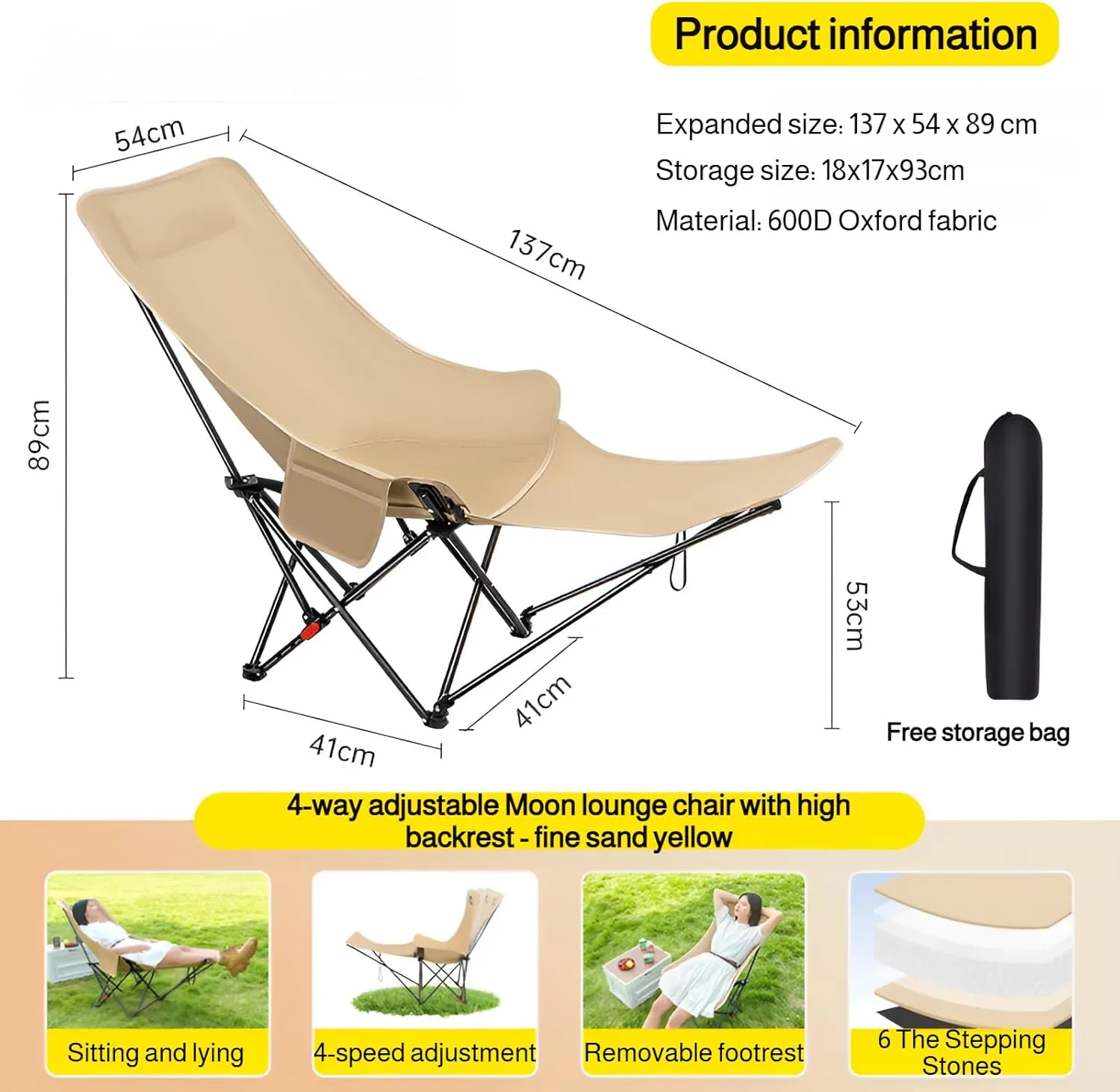 lilaBelle]【Multi-Position Camping Chair Foldable Moon Lounge with Leg, Wide 68cm & Heavy-Duty Frame for Adults/Kids, Perfect for Desert Trips, Beach, Backyard (600D Oxford)