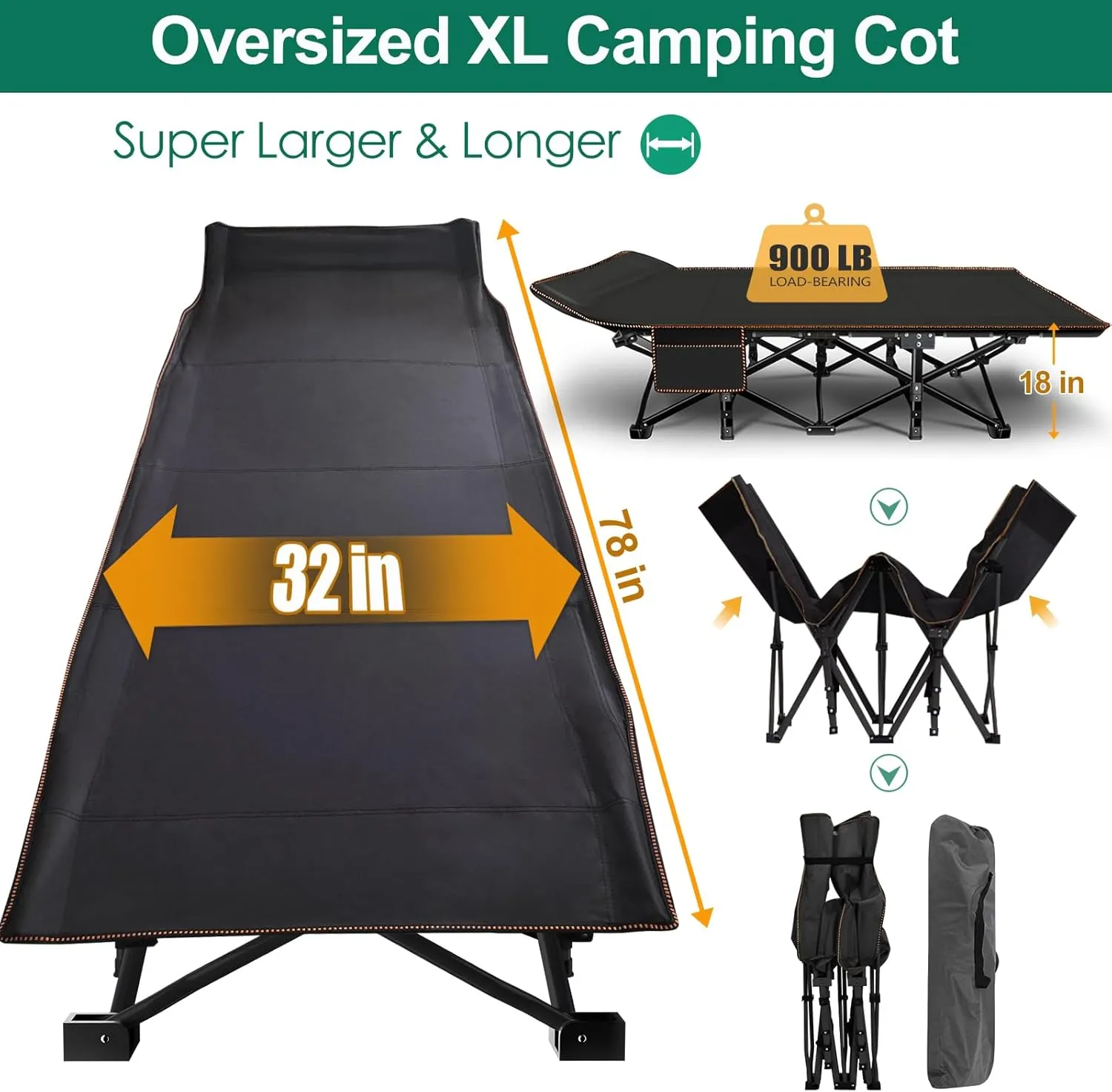 LILYPELLE Folding Camping Cot, Heavy Duty Sleeping Cots with Carry Bag, Double Layer Oxford Portable Travel Camp Cots for Home, Office Nap and Outdoor Beach