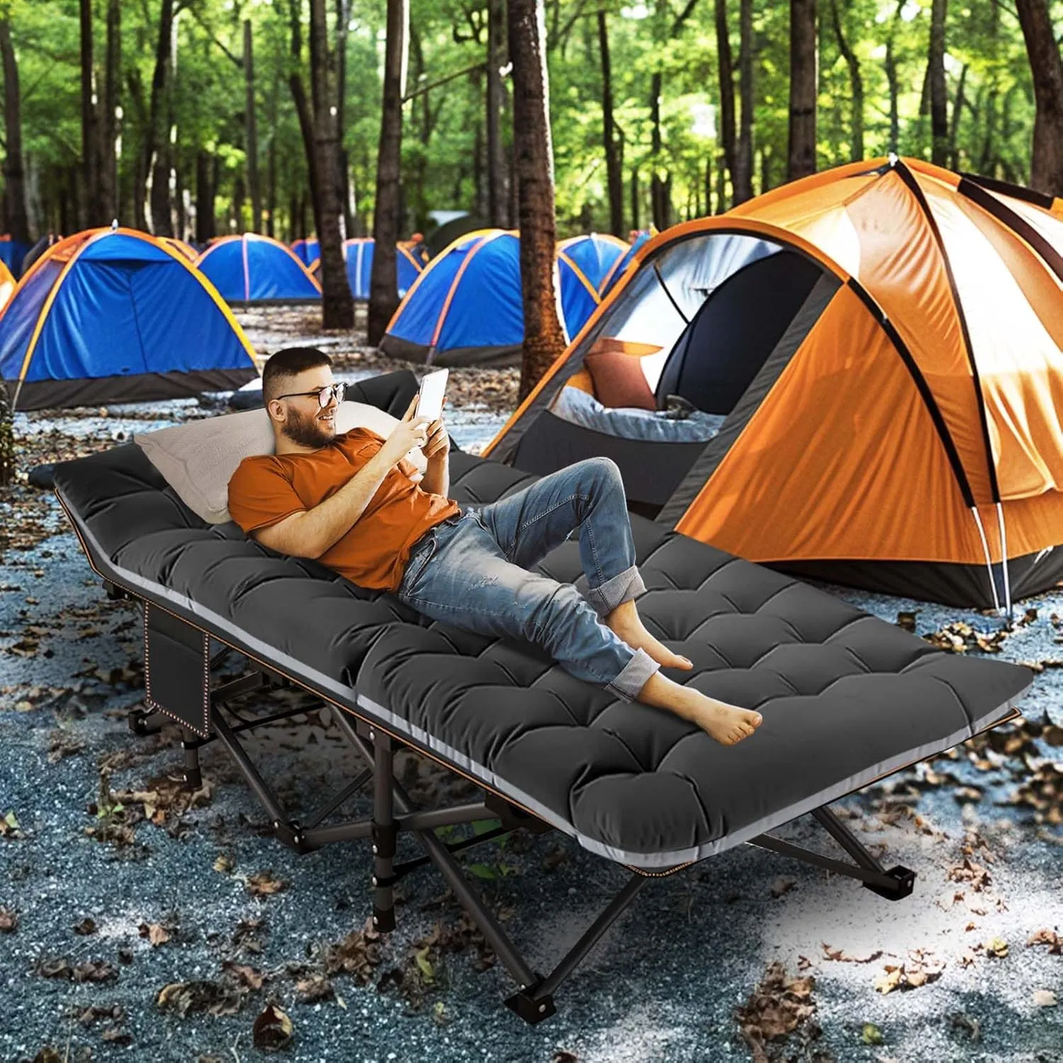 LILYPELLE Folding Camping Cot, Heavy Duty Sleeping Cots with Carry Bag, Double Layer Oxford Portable Travel Camp Cots for Home, Office Nap and Outdoor Beach