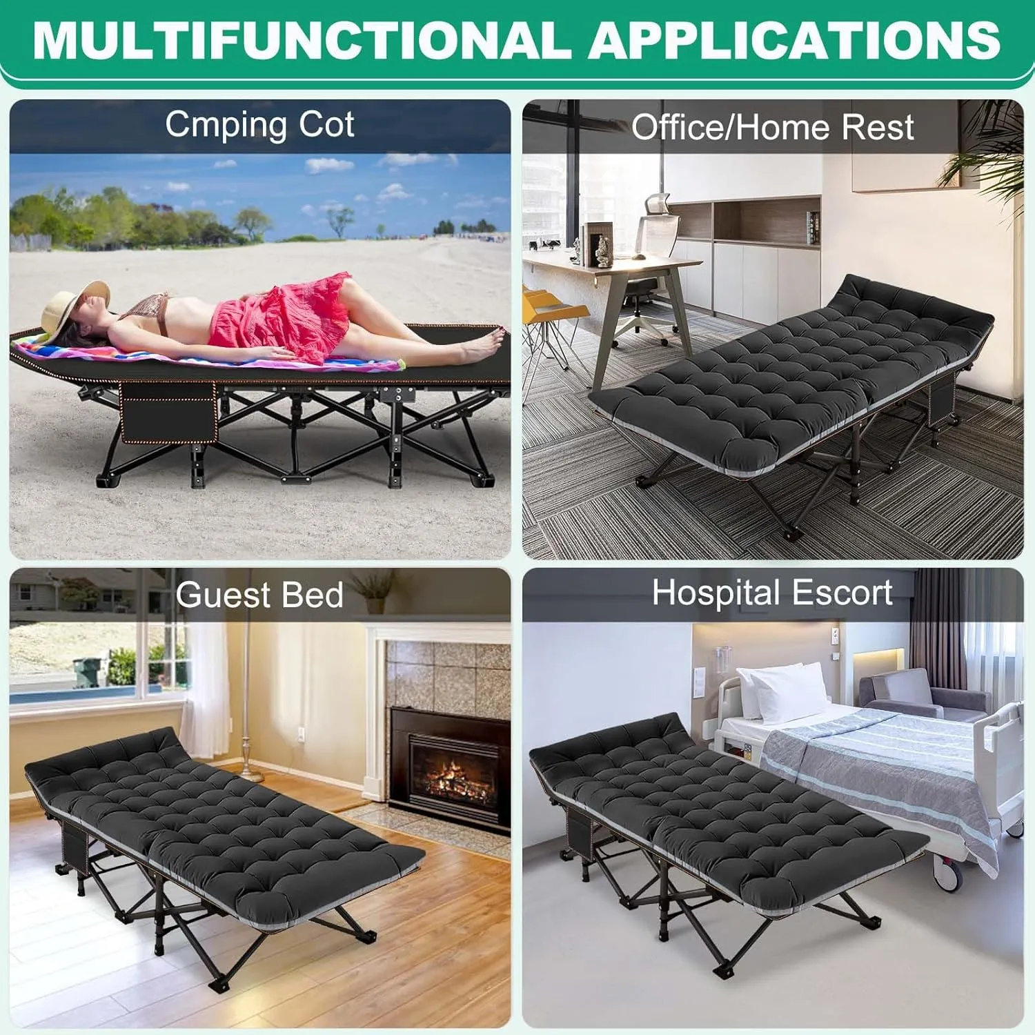 LILYPELLE Folding Camping Cot, Heavy Duty Sleeping Cots with Carry Bag, Double Layer Oxford Portable Travel Camp Cots for Home, Office Nap and Outdoor Beach