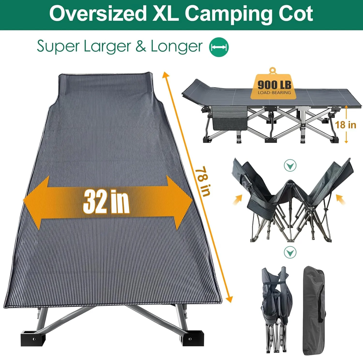LILYPELLE Folding Camping Cot, Heavy Duty Sleeping Cots with Carry Bag, Double Layer Oxford Portable Travel Camp Cots for Home, Office Nap and Outdoor Beach