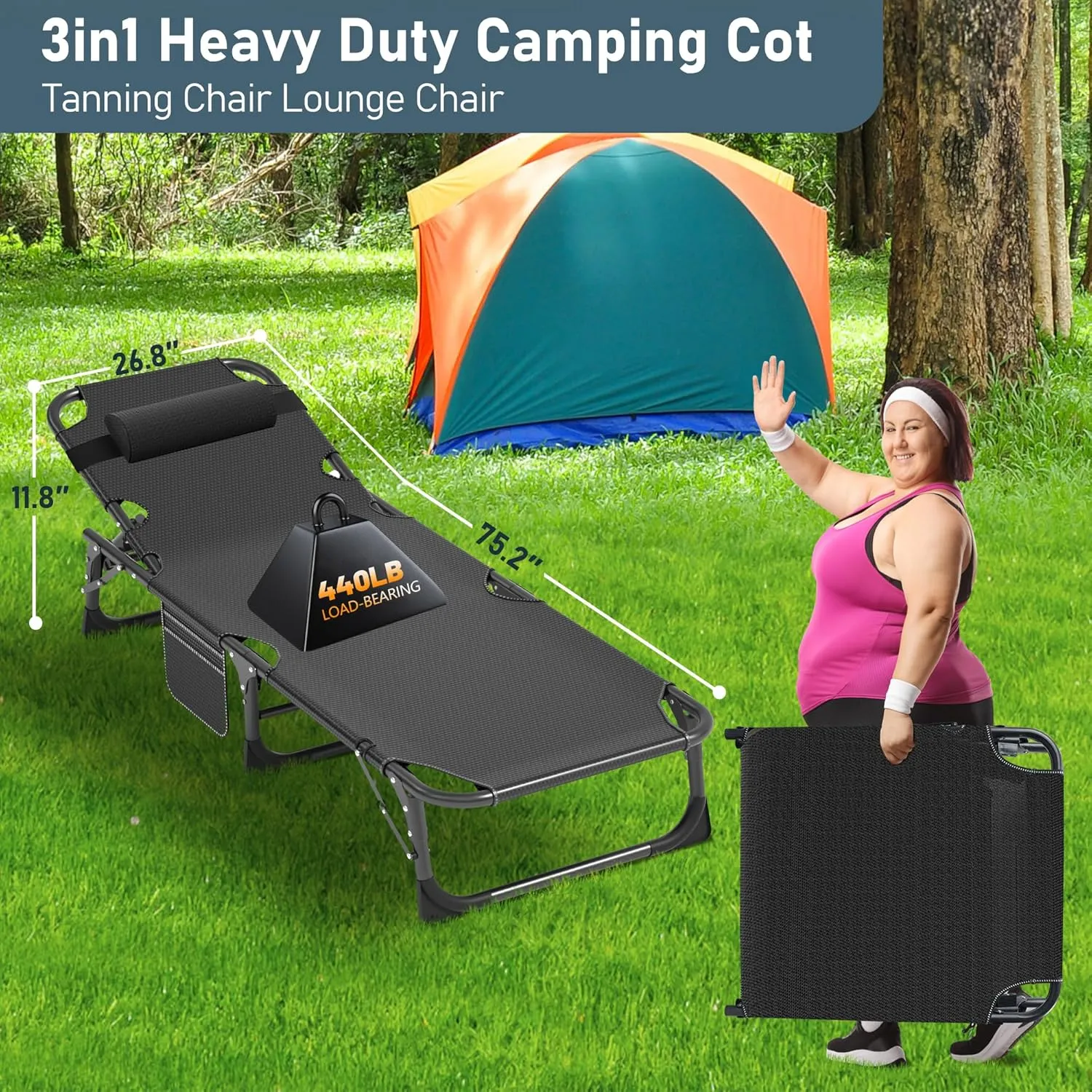 LILYPELLE Folding Camping Cot, Heavy Duty Sleeping Cots with Carry Bag, Double Layer Oxford Portable Travel Camp Cots for Home, Office Nap and Outdoor Beach
