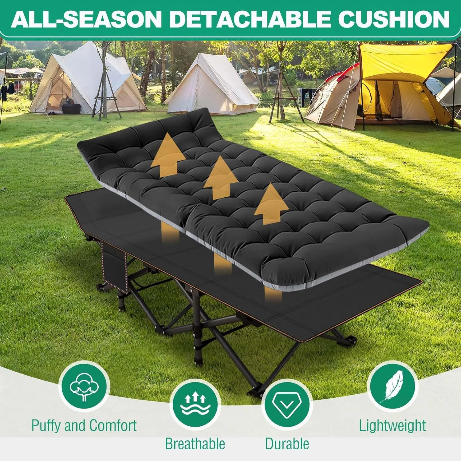 LILYPELLE Folding Camping Cot, Heavy Duty Sleeping Cots with Carry Bag, Double Layer Oxford Portable Travel Camp Cots for Home, Office Nap and Outdoor Beach