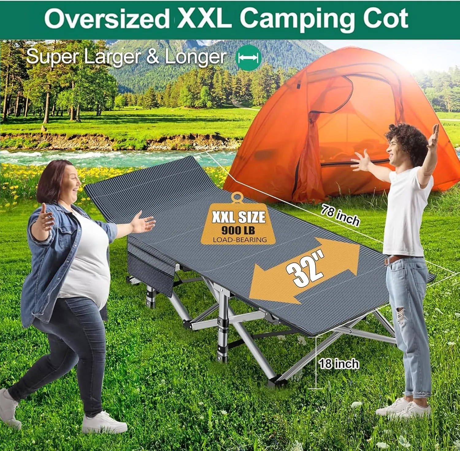LILYPELLE Folding Camping Cot W/Mattress, 78" L x 32" W x 18" H Cot Bed, Heavy Duty Wide Camping Cot XXL for Adults, Portable Sleeping Cot Bed for Travel Camping/Office, Home Nap