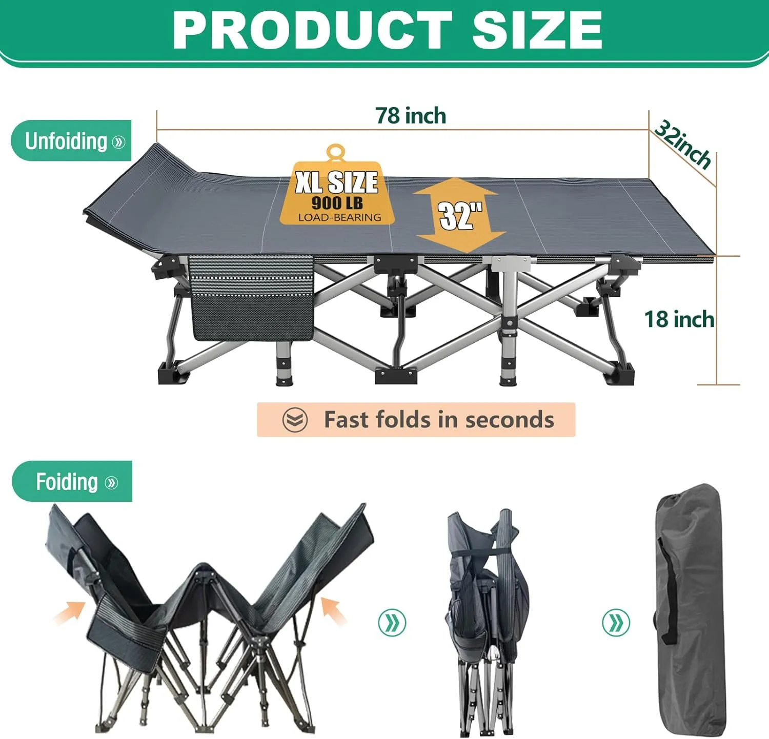 LILYPELLE Folding Camping Cot W/Mattress, 78" L x 32" W x 18" H Cot Bed, Heavy Duty Wide Camping Cot XXL for Adults, Portable Sleeping Cot Bed for Travel Camping/Office, Home Nap