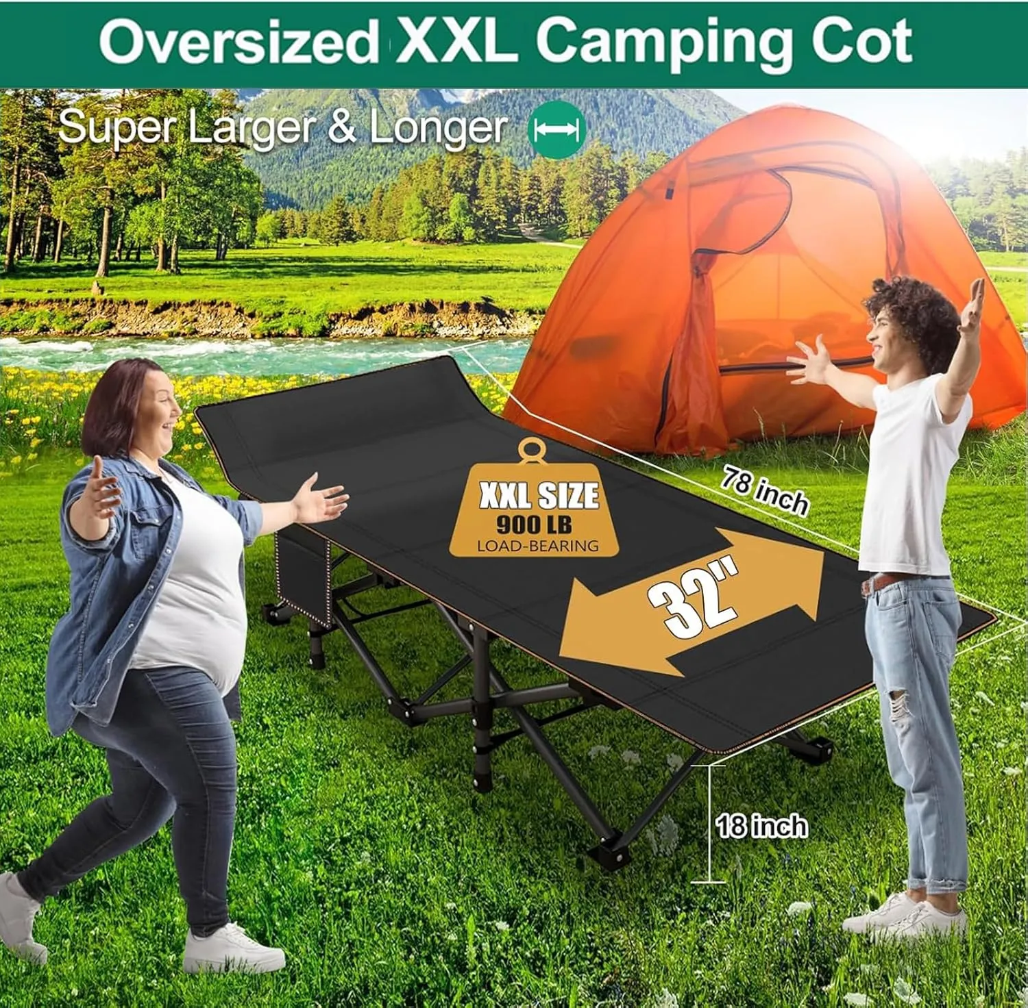 LILYPELLE Folding Camping Cot W/Mattress, 78" L x 32" W x 18" H Cot Bed, Heavy Duty Wide Camping Cot XXL for Adults, Portable Sleeping Cot Bed for Travel Camping/Office, Home Nap