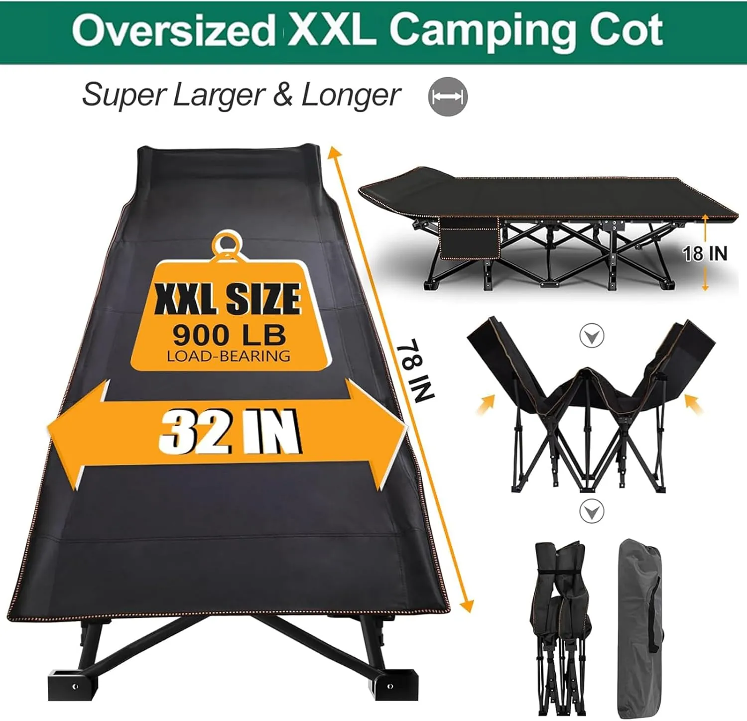 LILYPELLE Folding Camping Cot W/Mattress, 78" L x 32" W x 18" H Cot Bed, Heavy Duty Wide Camping Cot XXL for Adults, Portable Sleeping Cot Bed for Travel Camping/Office, Home Nap