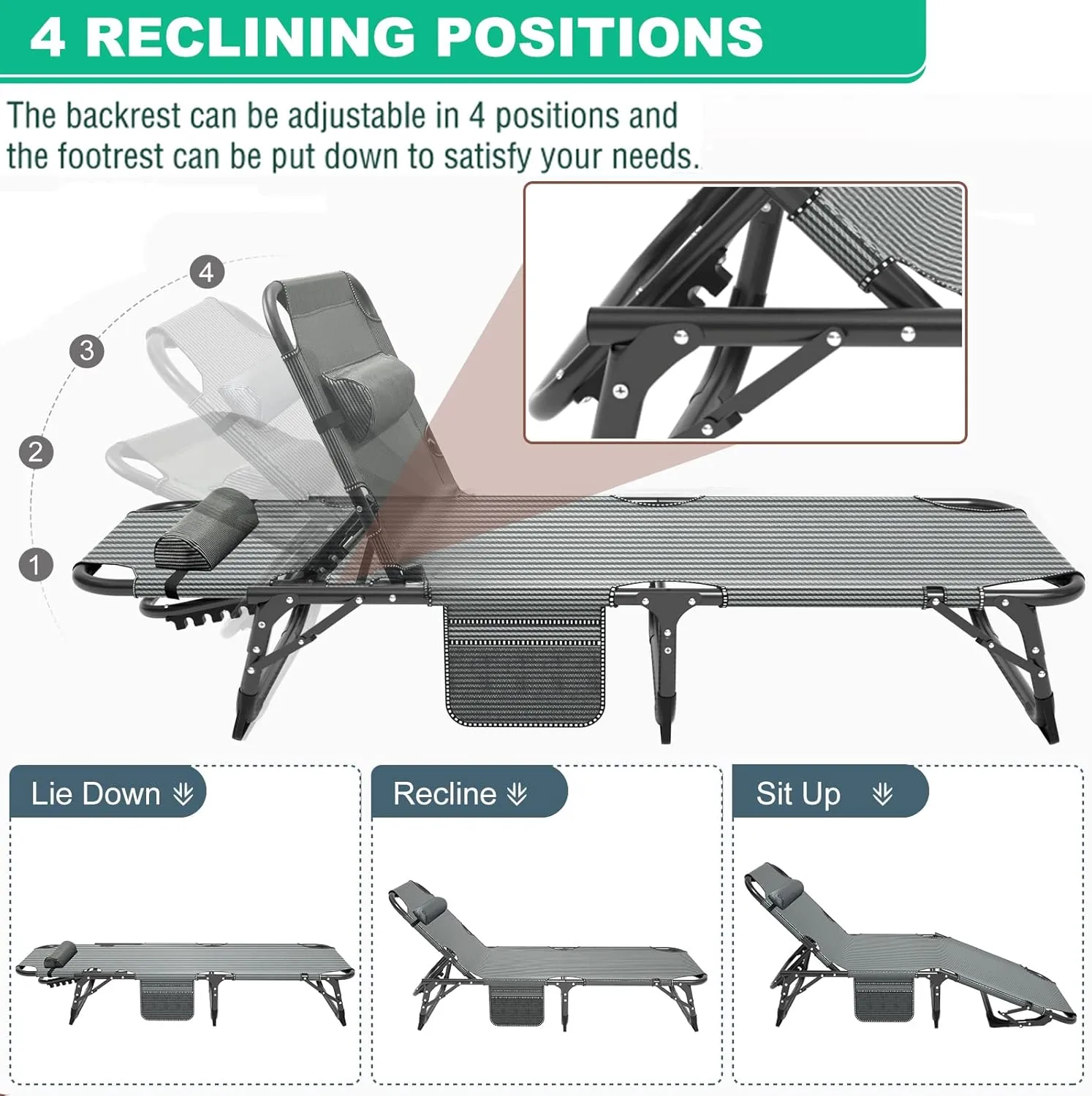 LILYPELLE Portable Folding Camping Cot, Adjustable 4-Position Adults Reclining Chaise with Pillow, Outdoor Portable Lounge Chair Sleeping Cot for Camping, Pool, Beach, Patio