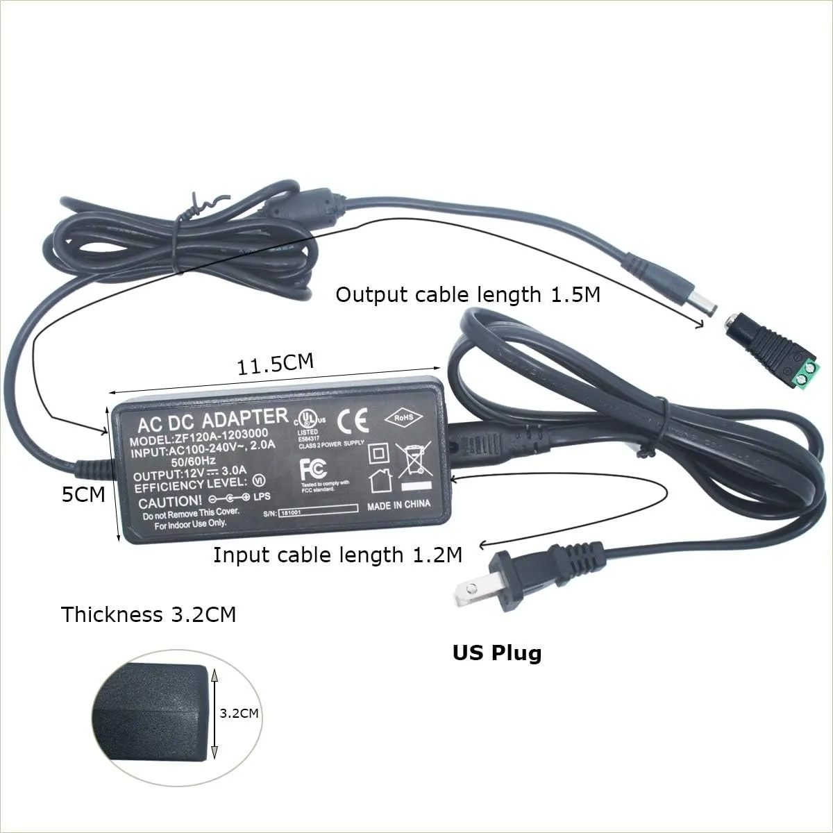 Litever Power Supply, LED Transformer, 12VDC 3 Amps,110VAC to 12V DC, Max Output 3A, 36W. Standard 110VAC US Input Plug, 5.5mm x2.1mm Output Connector, for LED Light Strip and More
