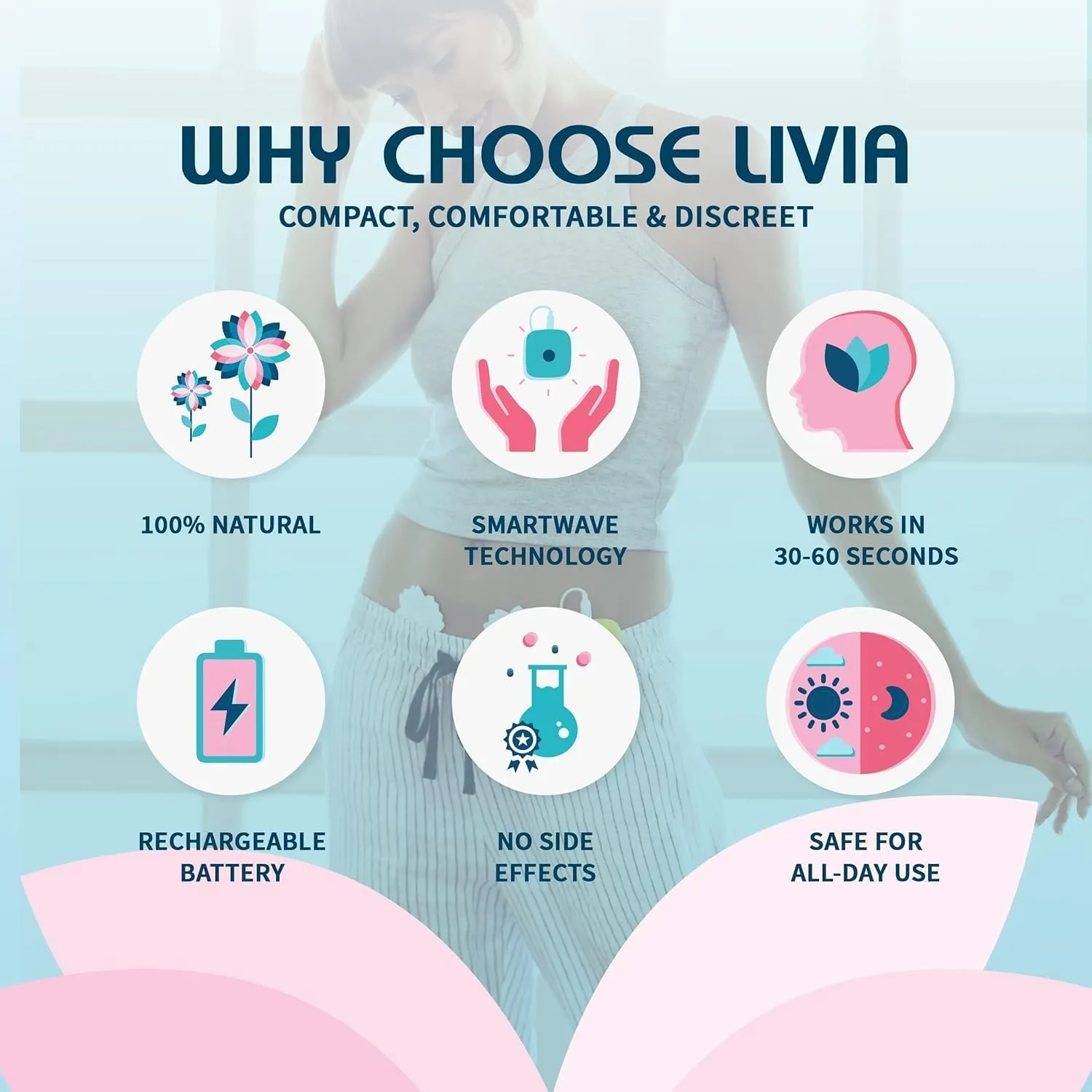 Livia Menstrual Pain Relief Device, Pink - Period Pain Off Switch - Portable and Travel-Ready with Stick-on Gel Pads for Cramps - Rechargeable, 12-Hour Battery Life - Complete Kit
