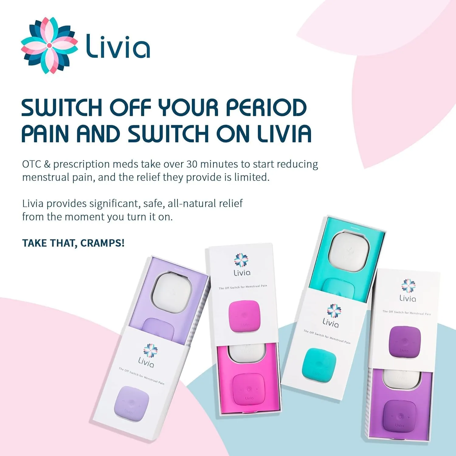 Livia Menstrual Pain Relief Device, Pink - Period Pain Off Switch - Portable and Travel-Ready with Stick-on Gel Pads for Cramps - Rechargeable, 12-Hour Battery Life - Complete Kit