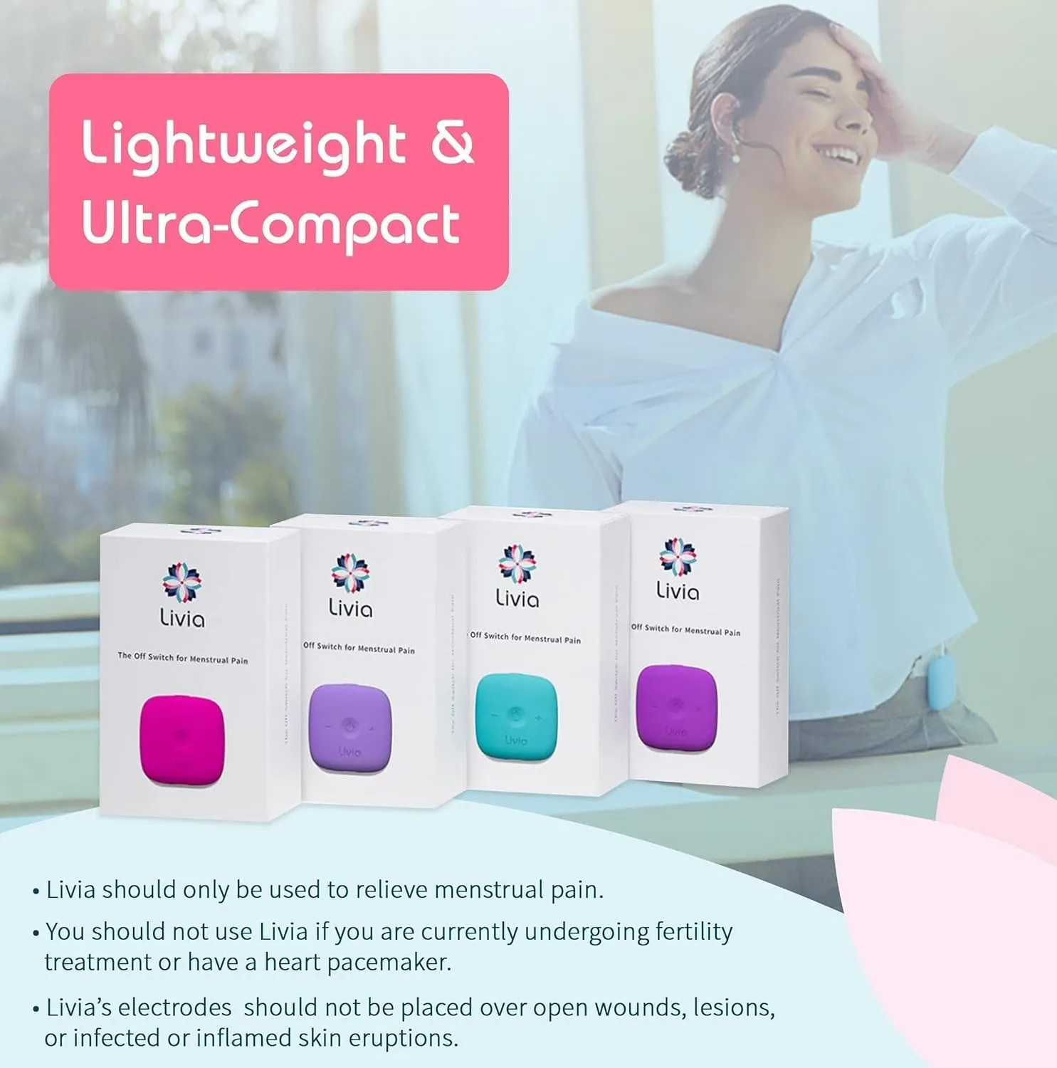 Livia Menstrual Pain Relief Device, Pink - Period Pain Off Switch - Portable and Travel-Ready with Stick-on Gel Pads for Cramps - Rechargeable, 12-Hour Battery Life - Complete Kit