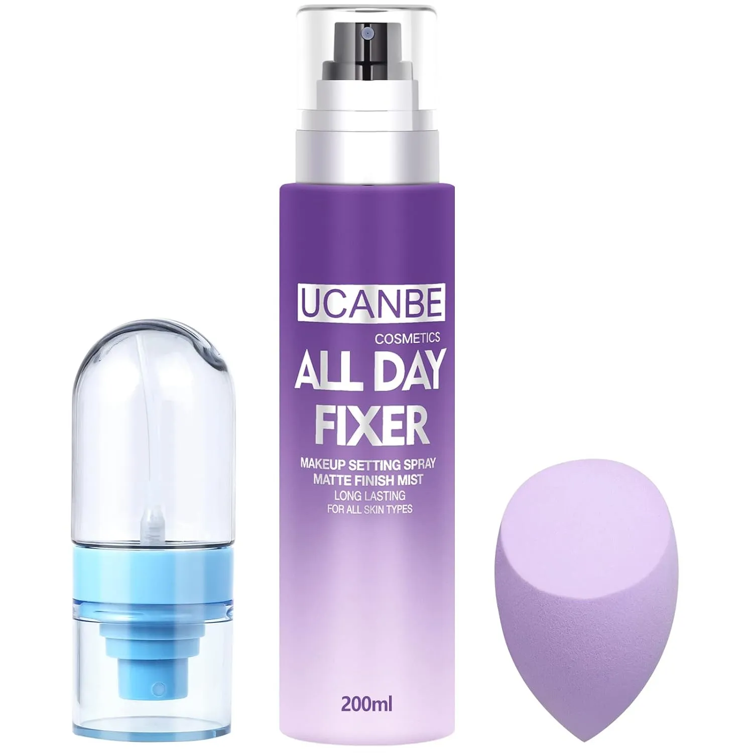 Long Lasting Makeup Setting Spray Kit- 6.76 Fl oz Hydrating Matte Finish Mist Lightweight Face Make up Fixer  Travel Size Spray Bottle Sponge Puff Makeup Set