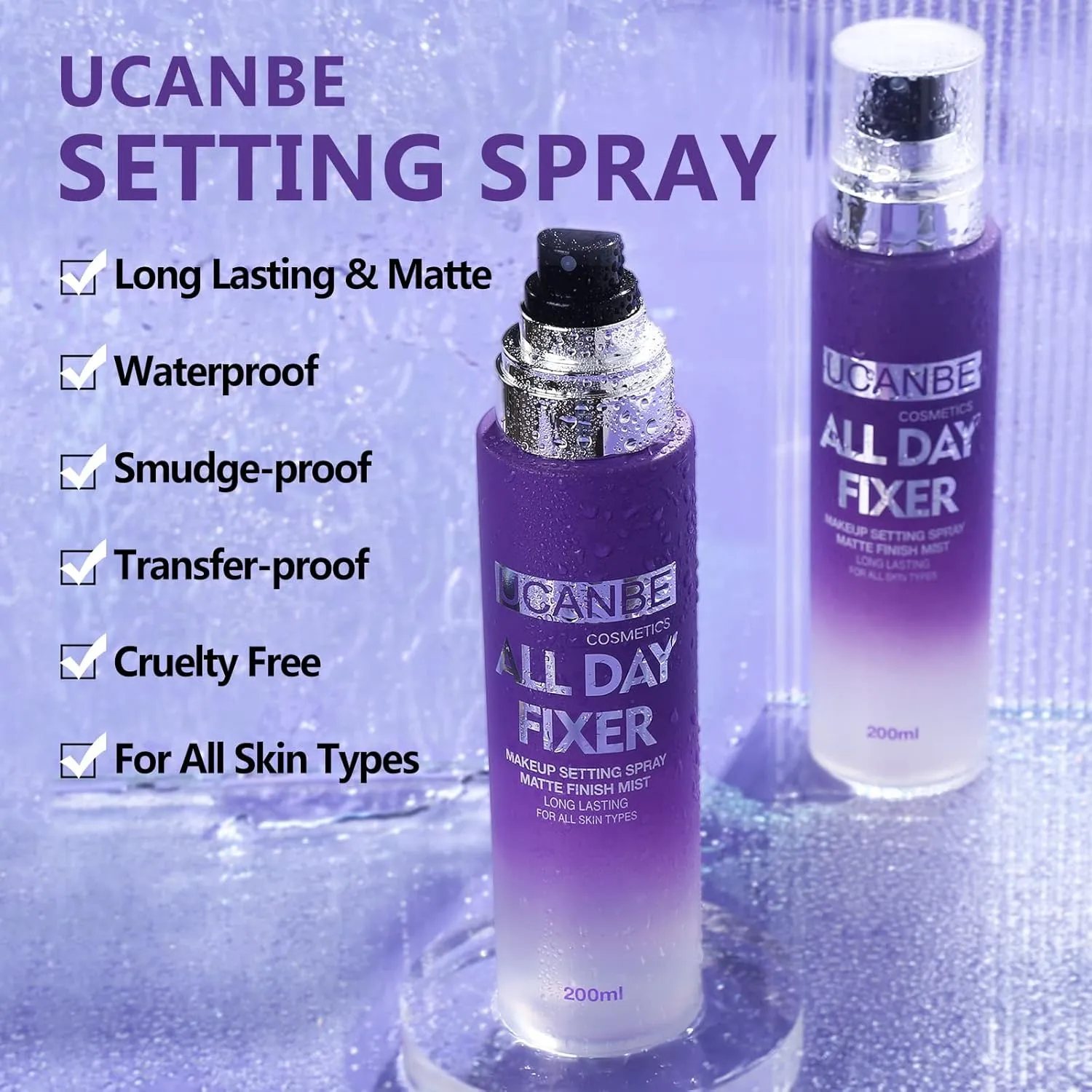 Long Lasting Makeup Setting Spray Kit- 6.76 Fl oz Hydrating Matte Finish Mist Lightweight Face Make up Fixer  Travel Size Spray Bottle Sponge Puff Makeup Set