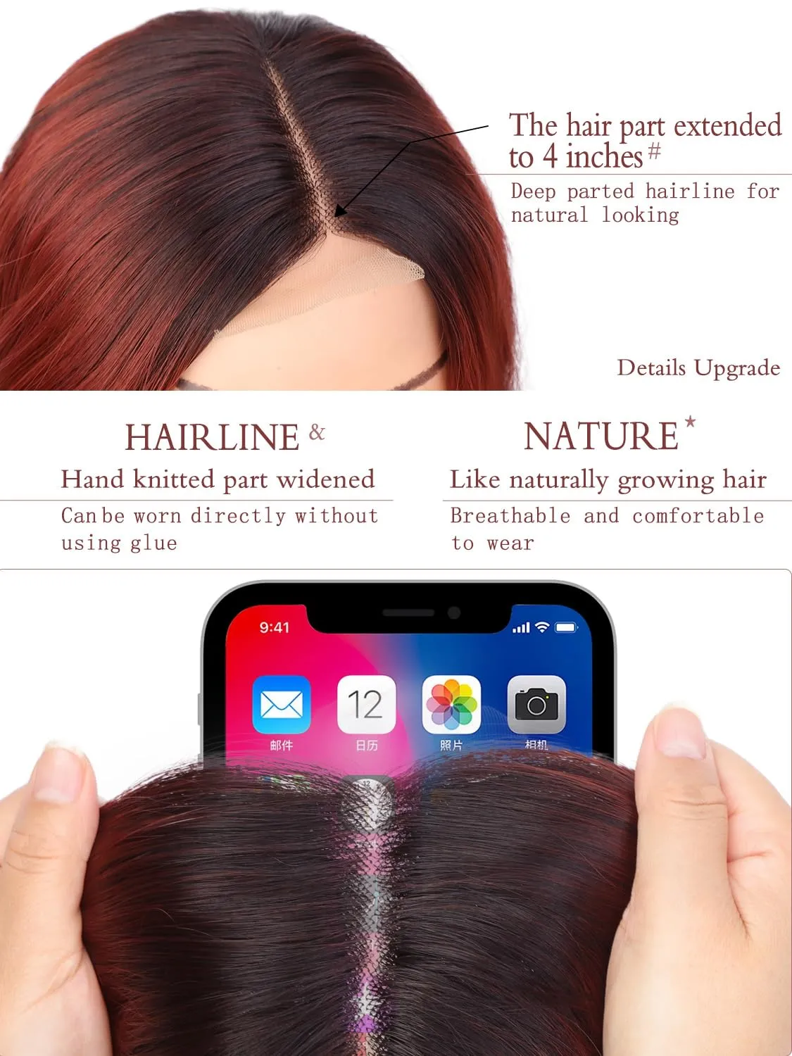 Long Wine Red Wigs for Women, Ombre Red Wavy Wigs with Lace Hairline, 26 Inch Dark Roots Middle Part Synthetic Heat Resistant Fiber Wig for Daily Party Use