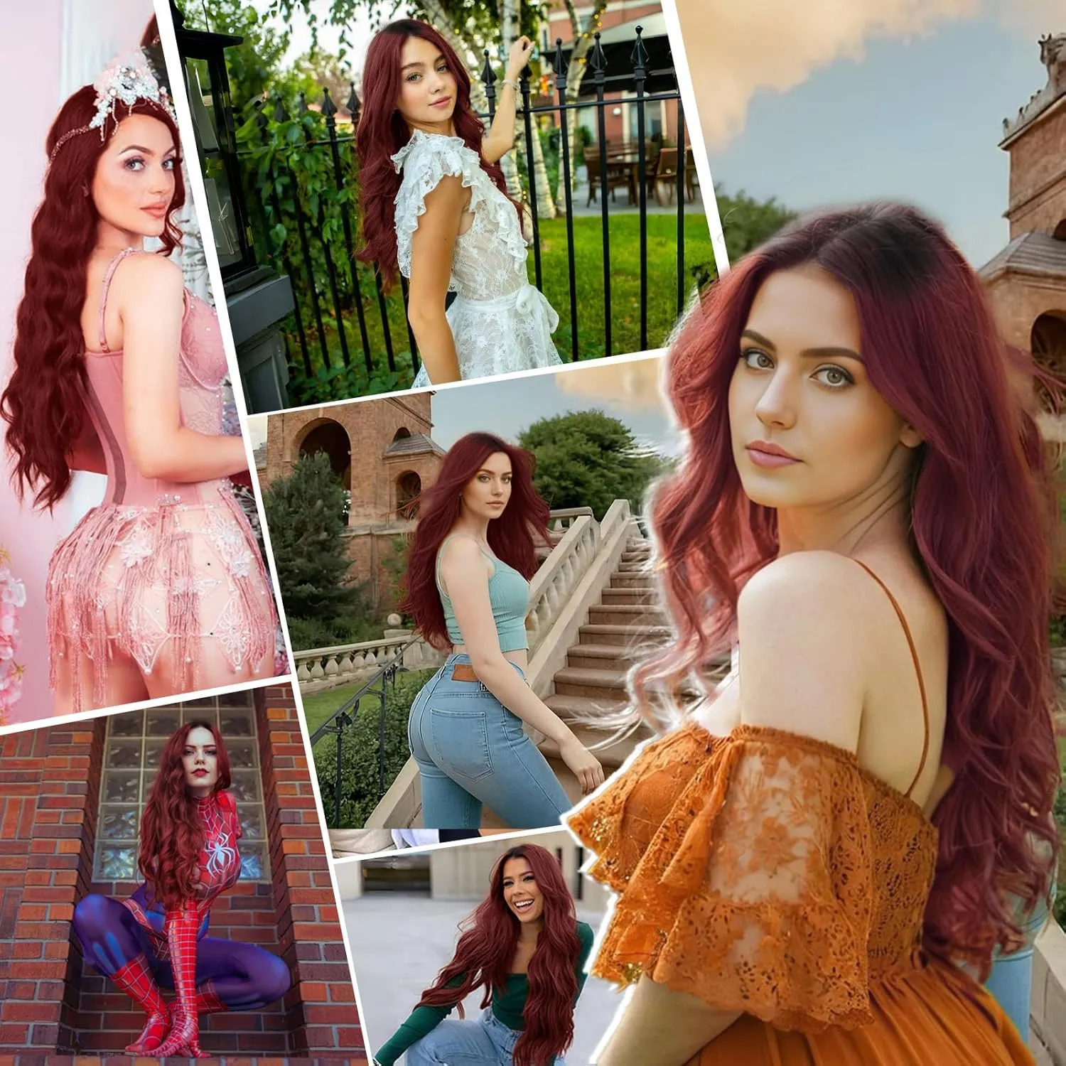 Long Wine Red Wigs for Women, Ombre Red Wavy Wigs with Lace Hairline, 26 Inch Dark Roots Middle Part Synthetic Heat Resistant Fiber Wig for Daily Party Use