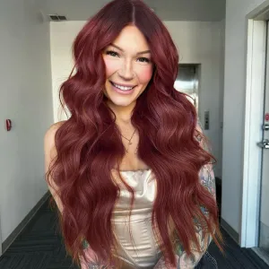 Long Wine Red Wigs for Women, Ombre Red Wavy Wigs with Lace Hairline, 26 Inch Dark Roots Middle Part Synthetic Heat Resistant Fiber Wig for Daily Party Use