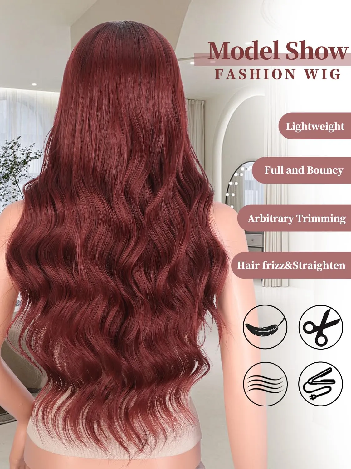 Long Wine Red Wigs for Women, Ombre Red Wavy Wigs with Lace Hairline, 26 Inch Dark Roots Middle Part Synthetic Heat Resistant Fiber Wig for Daily Party Use