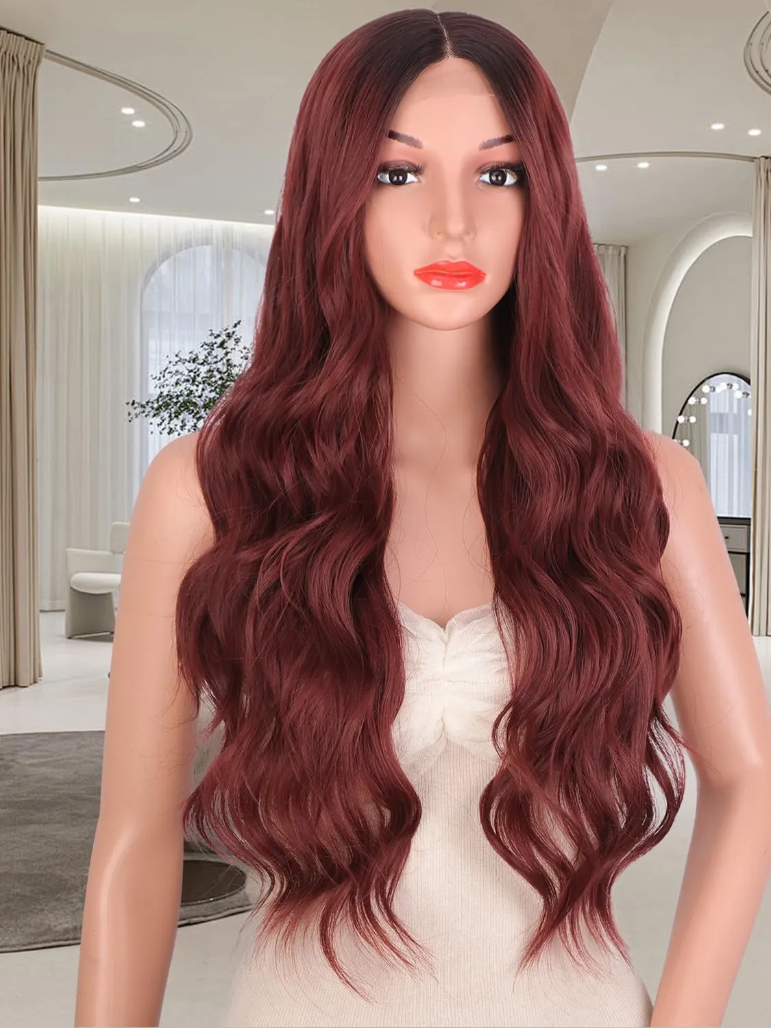Long Wine Red Wigs for Women, Ombre Red Wavy Wigs with Lace Hairline, 26 Inch Dark Roots Middle Part Synthetic Heat Resistant Fiber Wig for Daily Party Use