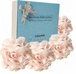 Loofah-Bath Sponge Set-Large, 4 Pack Bath Scrubbers, Soft Mesh Pink Puff-Cleansing Body Scrub for Men and Women: Skin Soothing Exfoliation Tools (Romantic Pink-60g)