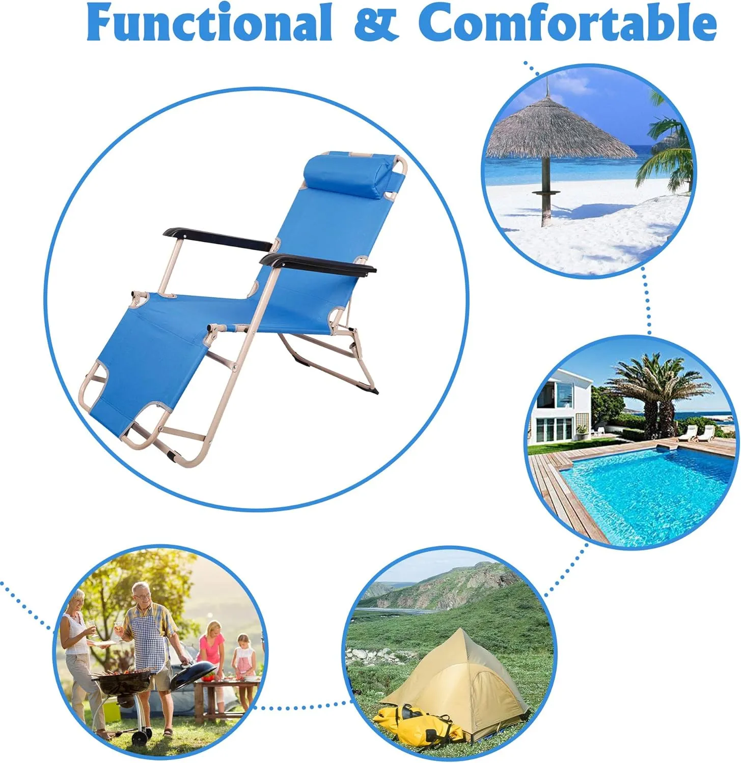 LUCKYERMORE 2 Pack Beach Outdoor Lounge Chairs, Tanning Lounge Chair and Full Flat Cot 2 in 1, Folding Reclining Chairs for Outdoor Lawn Beach Pool Camping, 60" L x 19" W, Blue