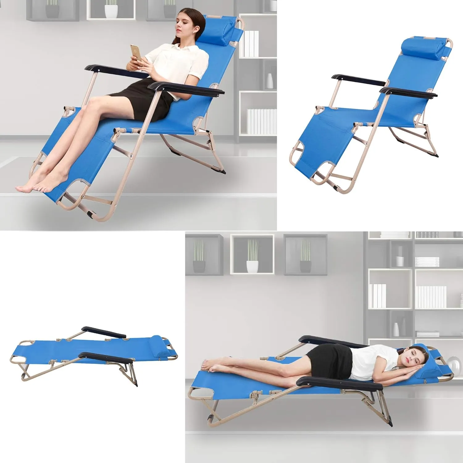 LUCKYERMORE 2 Pack Beach Outdoor Lounge Chairs, Tanning Lounge Chair and Full Flat Cot 2 in 1, Folding Reclining Chairs for Outdoor Lawn Beach Pool Camping, 60" L x 19" W, Blue