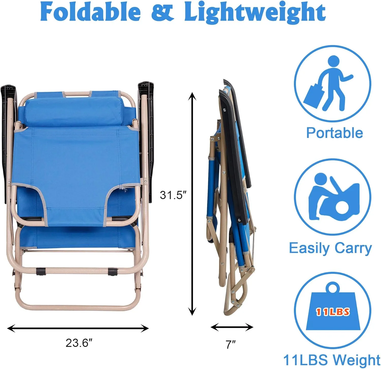 LUCKYERMORE 2 Pack Beach Outdoor Lounge Chairs, Tanning Lounge Chair and Full Flat Cot 2 in 1, Folding Reclining Chairs for Outdoor Lawn Beach Pool Camping, 60" L x 19" W, Blue