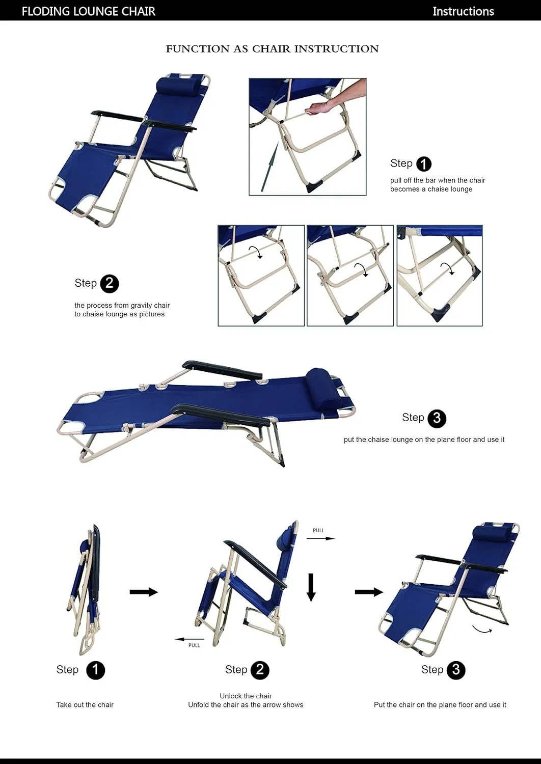 LUCKYERMORE 2 Pack Beach Outdoor Lounge Chairs, Tanning Lounge Chair and Full Flat Cot 2 in 1, Folding Reclining Chairs for Outdoor Lawn Beach Pool Camping, 60" L x 19" W, Blue